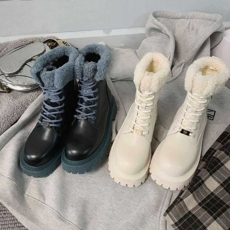 

Женские зимние ботильоны 2021, классические женские короткие ботинки на шнуровке, крутая кожаная обувь на шнуровке с круглым носком, массивна...