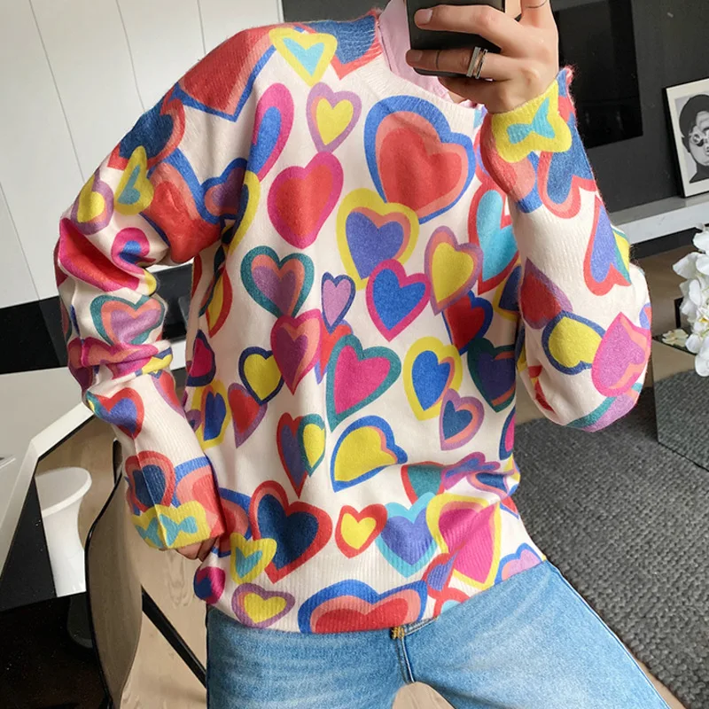 

Свободный Повседневный пуловер SYUHGFA с принтом в форме сердца, свитер, уличная одежда унисекс, вязаный свитер с длинным рукавом, трикотажная ...