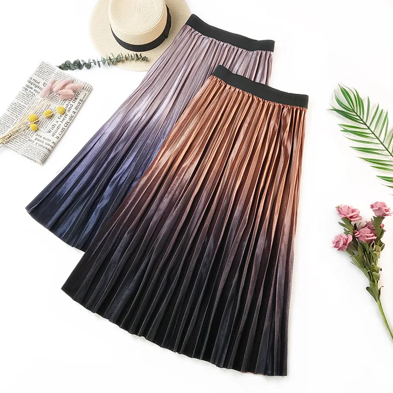Весенняя бархатная плиссированная трапециевидная юбка средней длины для женщин