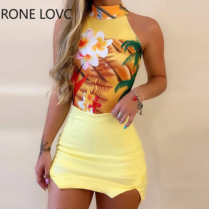 Женский комплект из топа с цветочным принтом и мини-юбки Повседневное платье