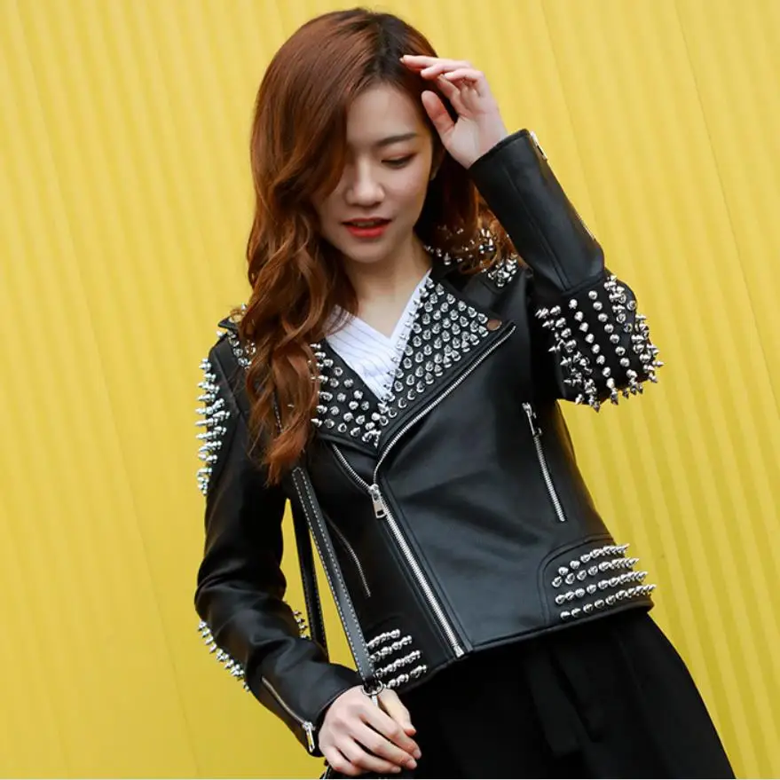 2020 autumn fashion brand Rivet beading pu leather fabric jackets female elegant black long sleeve leather jacket wq218 dropship