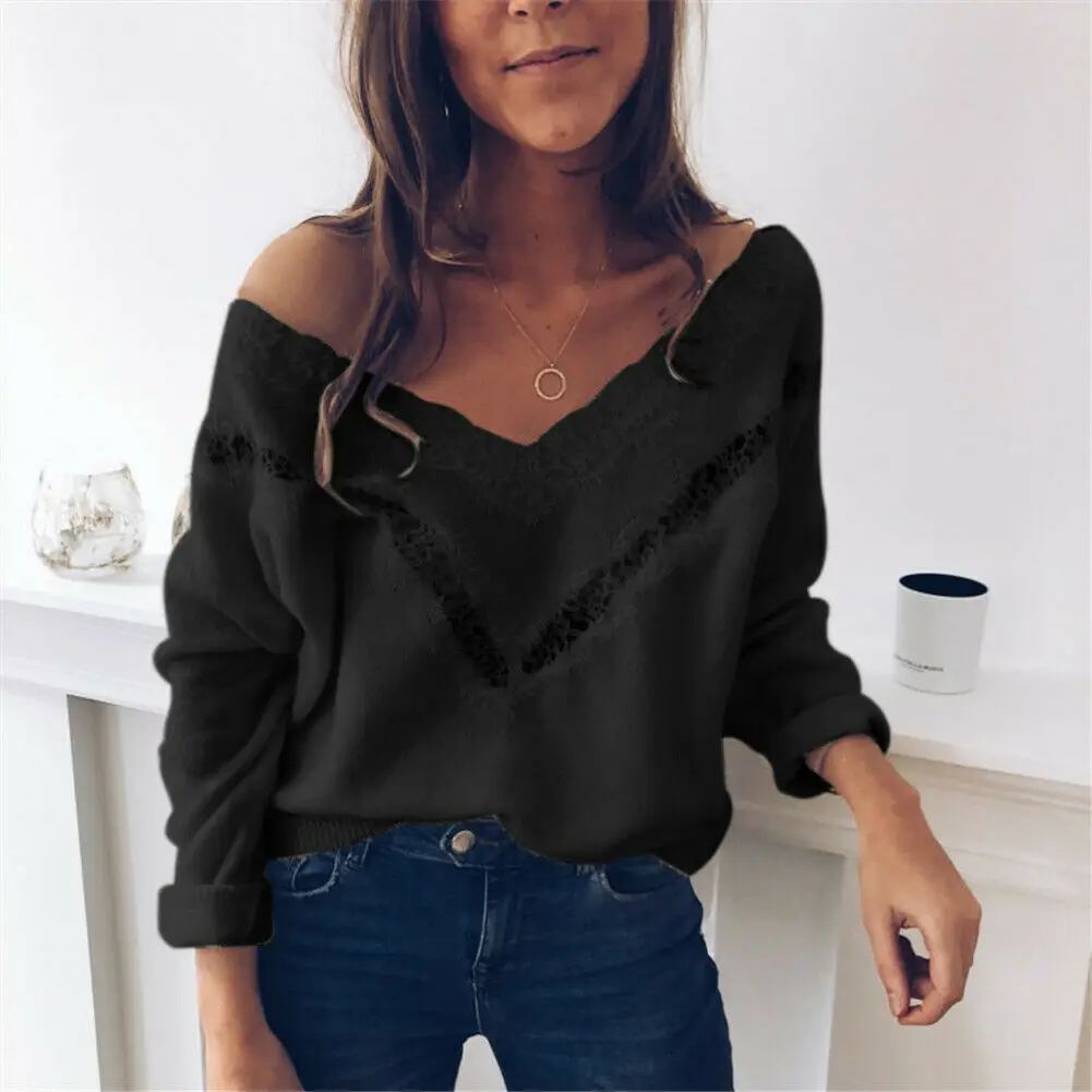 

Ladies Women Autumn Loose V Neck Hollwo Out Casual Fashion Long Sleeve Lace Shirt Tops Spring Blouse