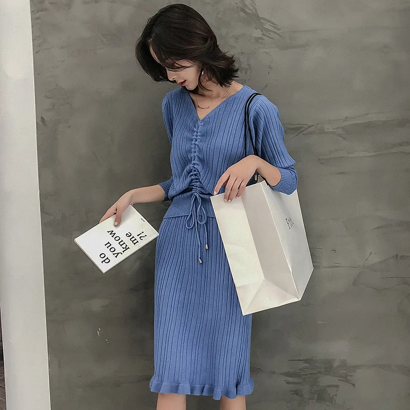 2018 осенний женский свитер + юбка карандаш миди костюмы однотонный комплект из