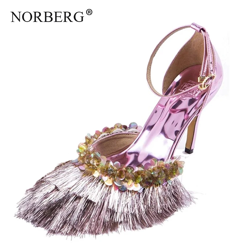 

NORBERG women high heels original design stars shining tassel mirror leather wedding woman sandals shiny T-show fashion shoes