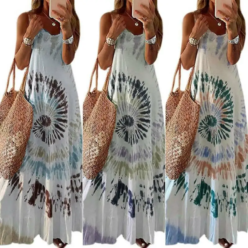 Женское платье с принтом вареный Макси без рукавов на бретельках женская одежда