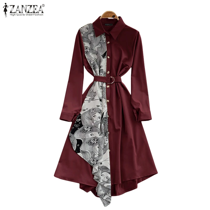 

Женский Асимметричный Сарафан ZANZEA с винтажным принтом в стиле пэчворк, Повседневное платье миди с длинным рукавом и отворотом, осенний своб...