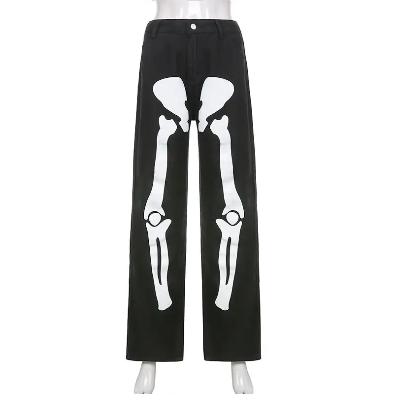 

Streetwear Black Skull Print Punk Women Jeans Harajuku Loose Gothic Pants Hip Hop Baggy Jeans Denim Pants Y2k Women's Pants 2021