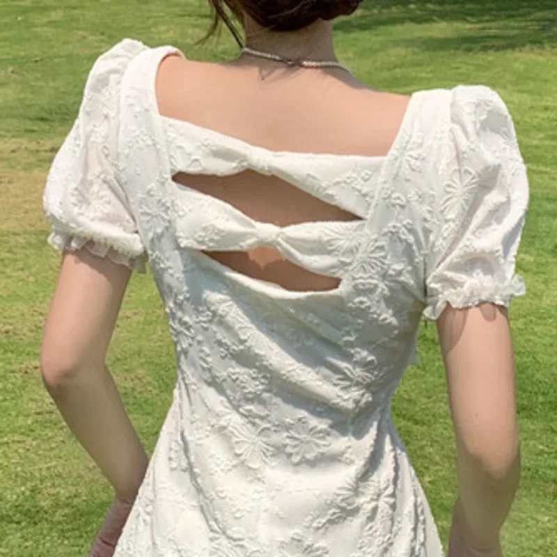 

2021 Summer Dress New Lace Elegant Ruffle Embroidered Short-sleeve Sundress Female Square Collar Robes Women Hollow Out Vestidos