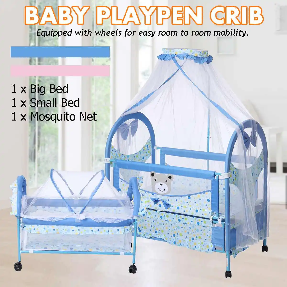 

Portable Baby Crib Cradle Removable Babies Nest Crib Baby Kids Sleeping Bed Infant Bassinet Bed + Mosquito Net Gift Blue Pink