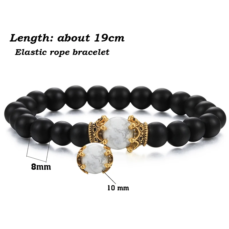 8mm Natural Matte Stone Black White Bead Charm Bracelets&ampBangle King Queen Crown Handmade Elastic Bracelet for Woemn Men Jewelry |