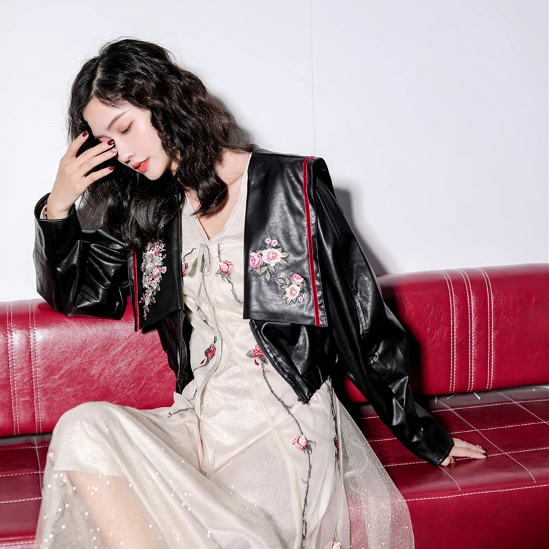 Fashion Women Floral Embroidered Soft Leather Jacket 2020 Spring Autumn Big collar Faux PU Coats Chic Black YNZZU 9O173 | Женская одежда
