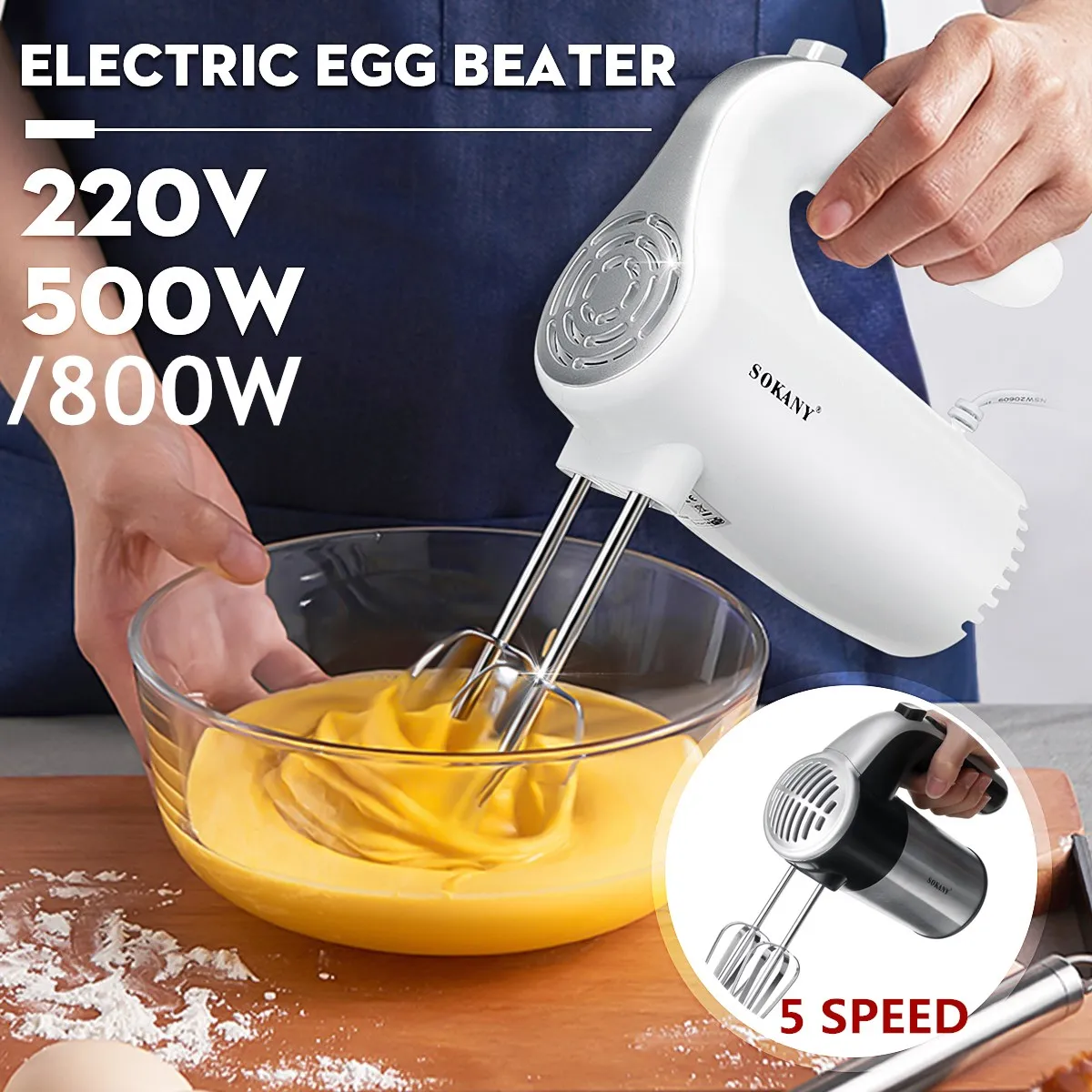 

Ручной миксер 5 скоростей, 500/800 Вт, венчик для яиц, домашний ручной автоматический мини-блендер для выпечки тортов, кухни