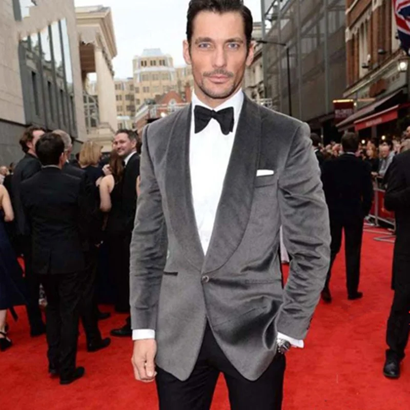 Серый приталенный мужской костюм бархат для выпускного вечера 2019 лацкан 2 шт