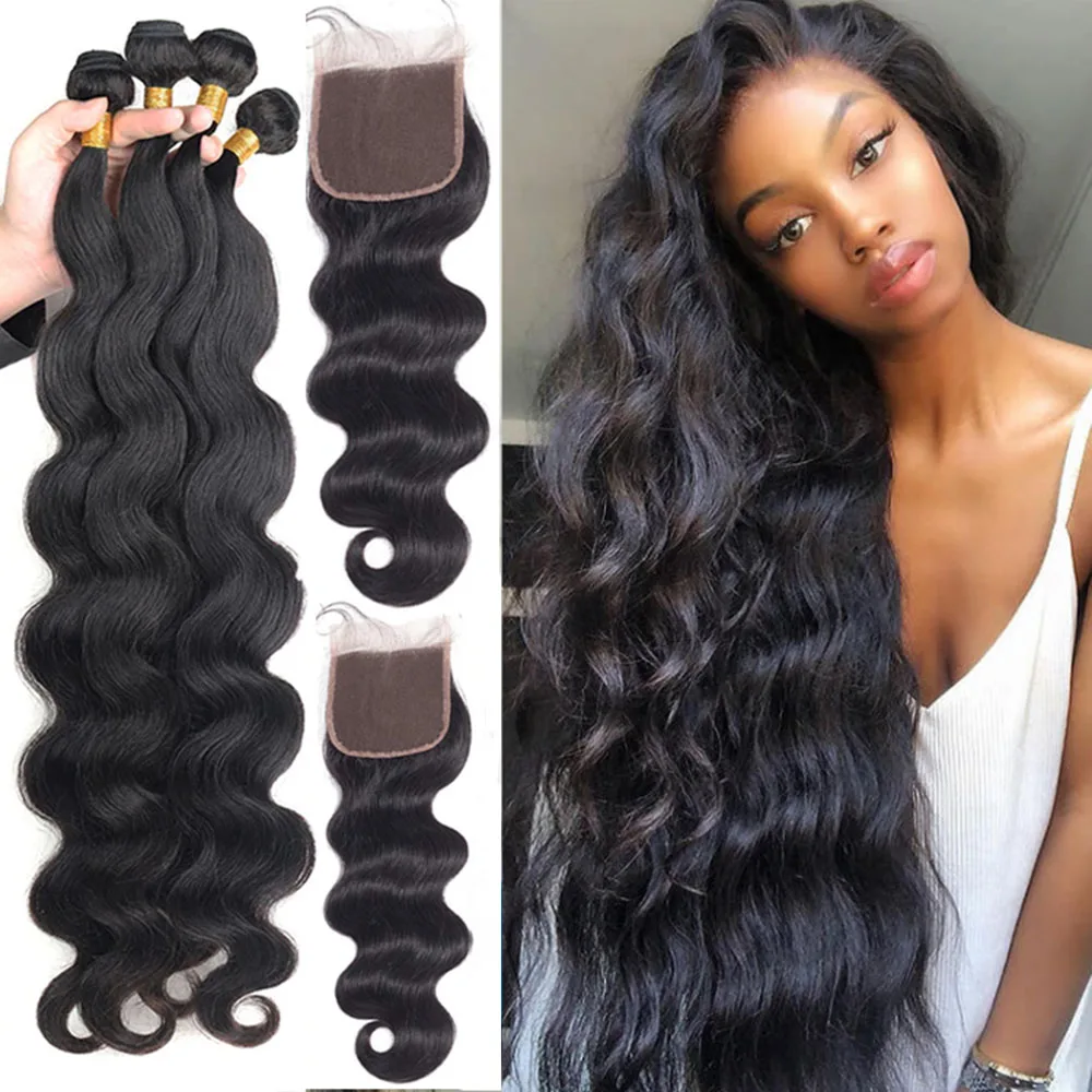 Brazilian Hair Body Wave 3 4 Bundles With Closure Human Hair Bundles With 4x4 Lace Closure Frontal  Remy Human Hair Extension