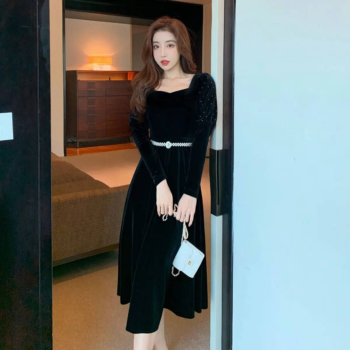 

COIGARSAM Vintage Women one-piece korean New Square Collar Dresses A Separate Dress And Belt 975