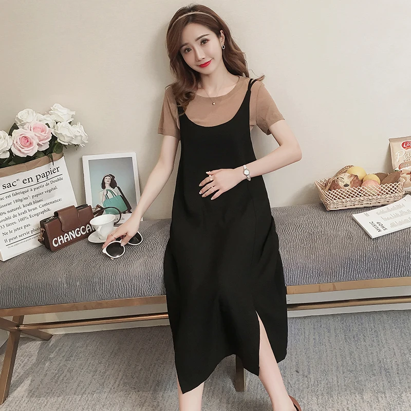 Khaki 1927# 2PCS/Set Summer Korean Fashion Maternity Long Dress Sexy Sweet Side Splits Sling Dress for Pregnant Women Pregnancy Shirt - Color: Khaki