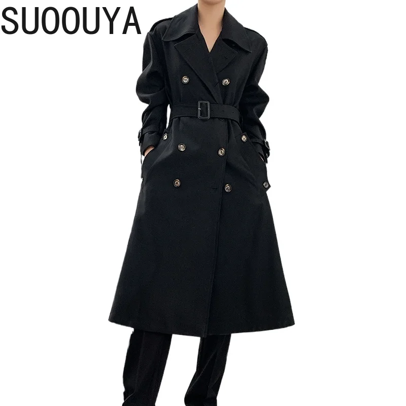 

[SUOOUYA] Women Long Sleeve Double Breasted Long Black Trench New Coat Lapel Loose Fit Windbreaker Fashion Spring Clothes 2021