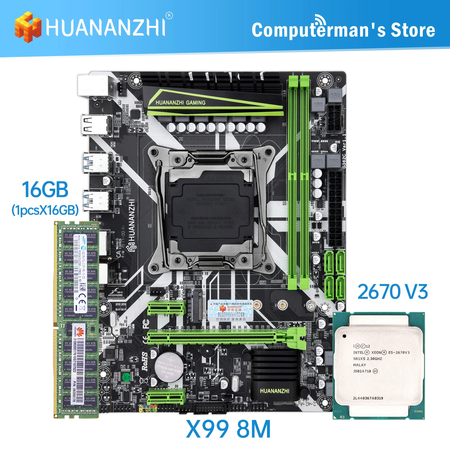

HUANANZHI X99 8M D4 Motherboard combo kit set CPU Intel XEON E5 2670 V3 Memory 1*16G DDR4 ECC memory M.2 NVME USB3.0 ATX