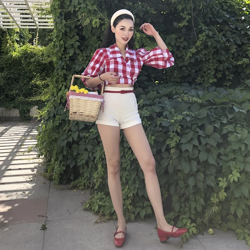 2019 практичная винтажная красная клетчатая короткая рубашка с запахом и