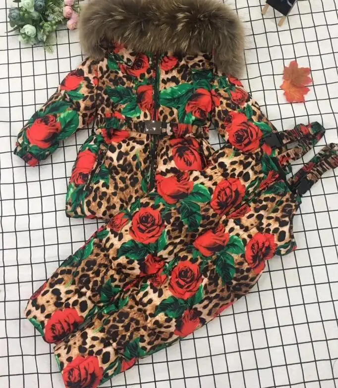 Real fur Winter Jacket child jackets children jumpsuit snow suit girl flower down romper ski suits outerwear - Цвет: Бежевый