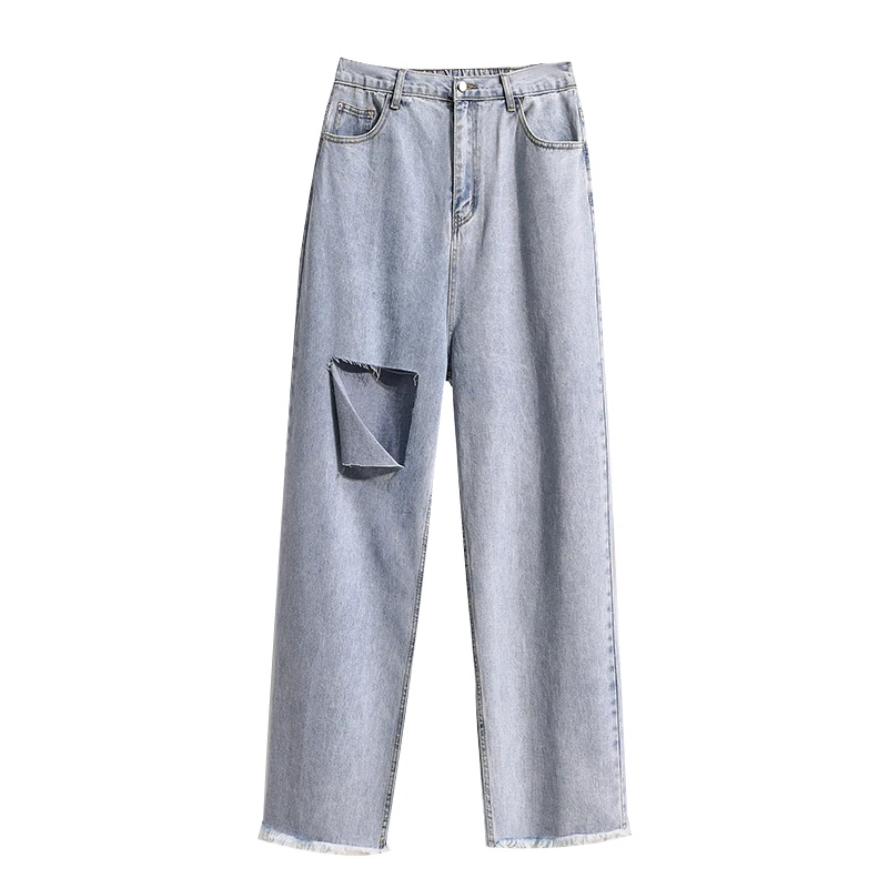 

DIMANAF Plus Size Women Jeans Pants Hole Fashion High Waist Patchwork Denim Female Ripped Pockets Blue Trousers Large Size S-5XL