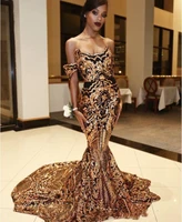 sparkly gold sequined evening dresses for women off the shoulder long african prom dress robe de soriee de mariage