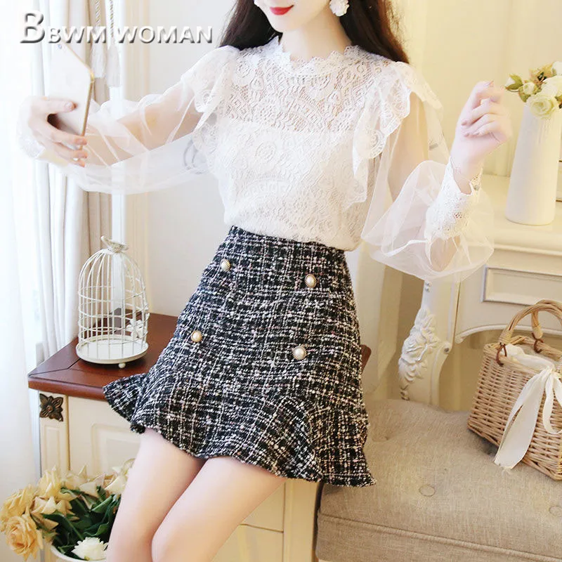 Женские офисные комплекты 2019 года блузка с длинным рукавом и твидовая юбка