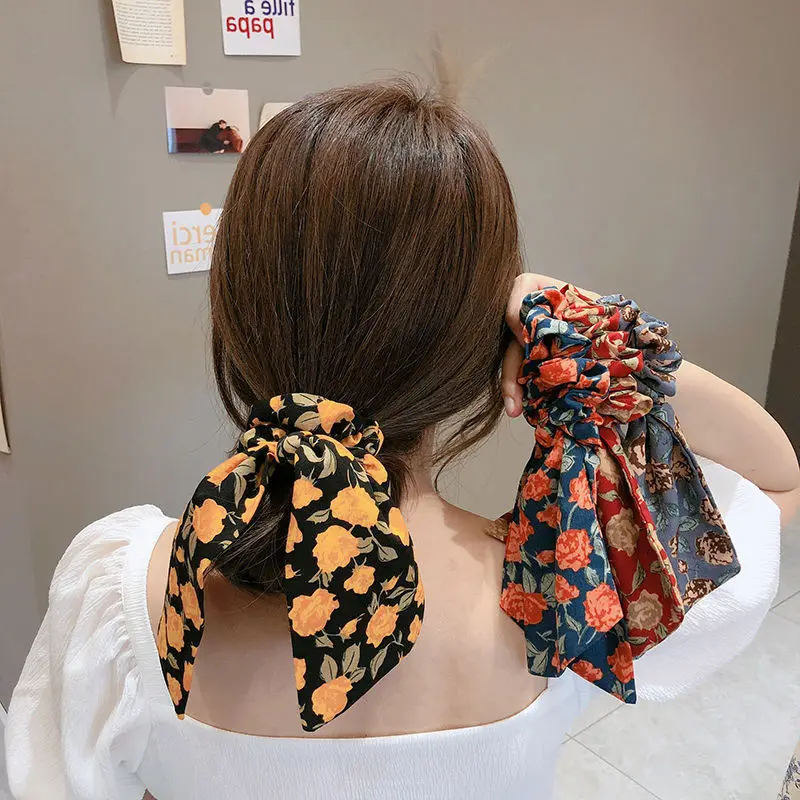 

Wholesale New Floral Print Scrunchies For Women Elastic Hair Bands Bow Hair Scarf Hair Ropes Ties Fashion Hair Accessories