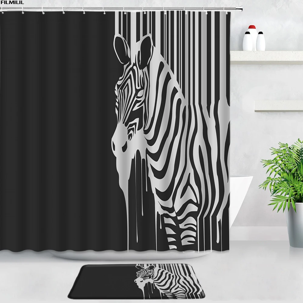 

Black Giraffe Shower Curtains Bath Mats Set Color Butterfly Animals Creative Design Bathroom Carpet Door Pad Non-slip Rugs Decor