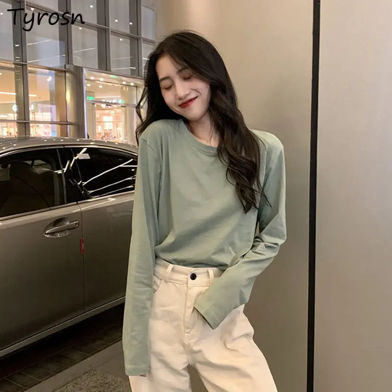 

Женская футболка с длинным рукавом, однотонная простая повседневная универсальная элегантная нежная свободная уличная одежда в стиле ольч...