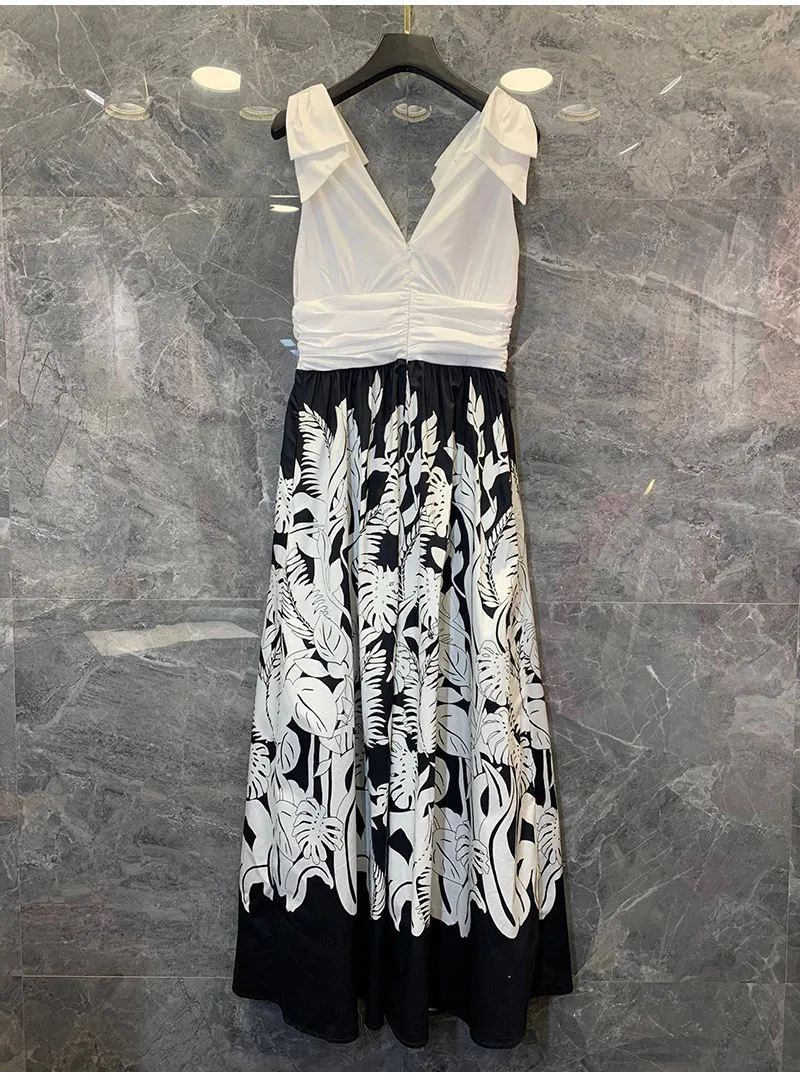 

Cotton Long Dress 2021 Summer Fashion Style Women Bow Shoulder Deco White Black Color Block Sleeveless Long Maxi Dress Casual