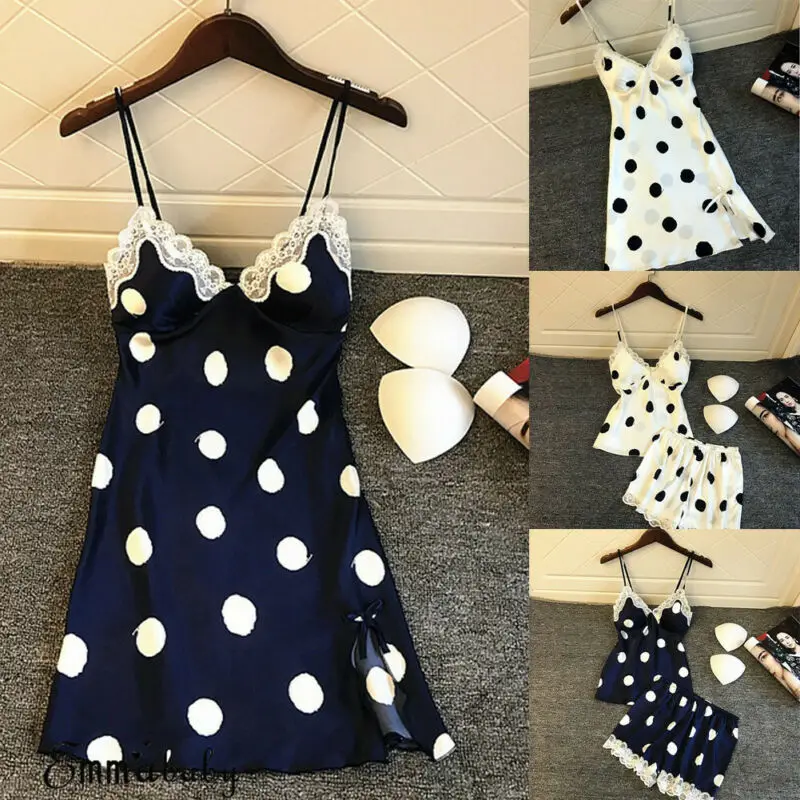 Для женщин новое модное атласное шелковое ночное белье пижама в горошек с