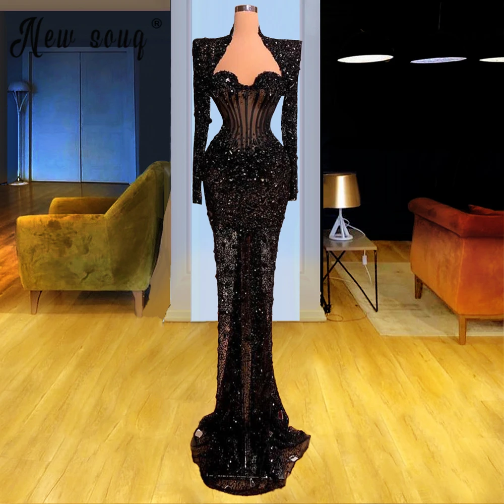 

Мусульманское Черное вечернее платье с длинным рукавом и кристаллами, милое платье-русалка, официальное платье, арабское платье