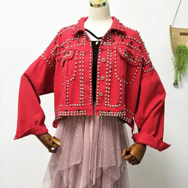Red Gagarich Осенняя Женская Harajuku красная джинсовая куртка пальто Тяжелая ручная расшитая бисером заклепка короткая черная джинсовая куртка Студенческая Базовая куртка наряд - Цвет: Red