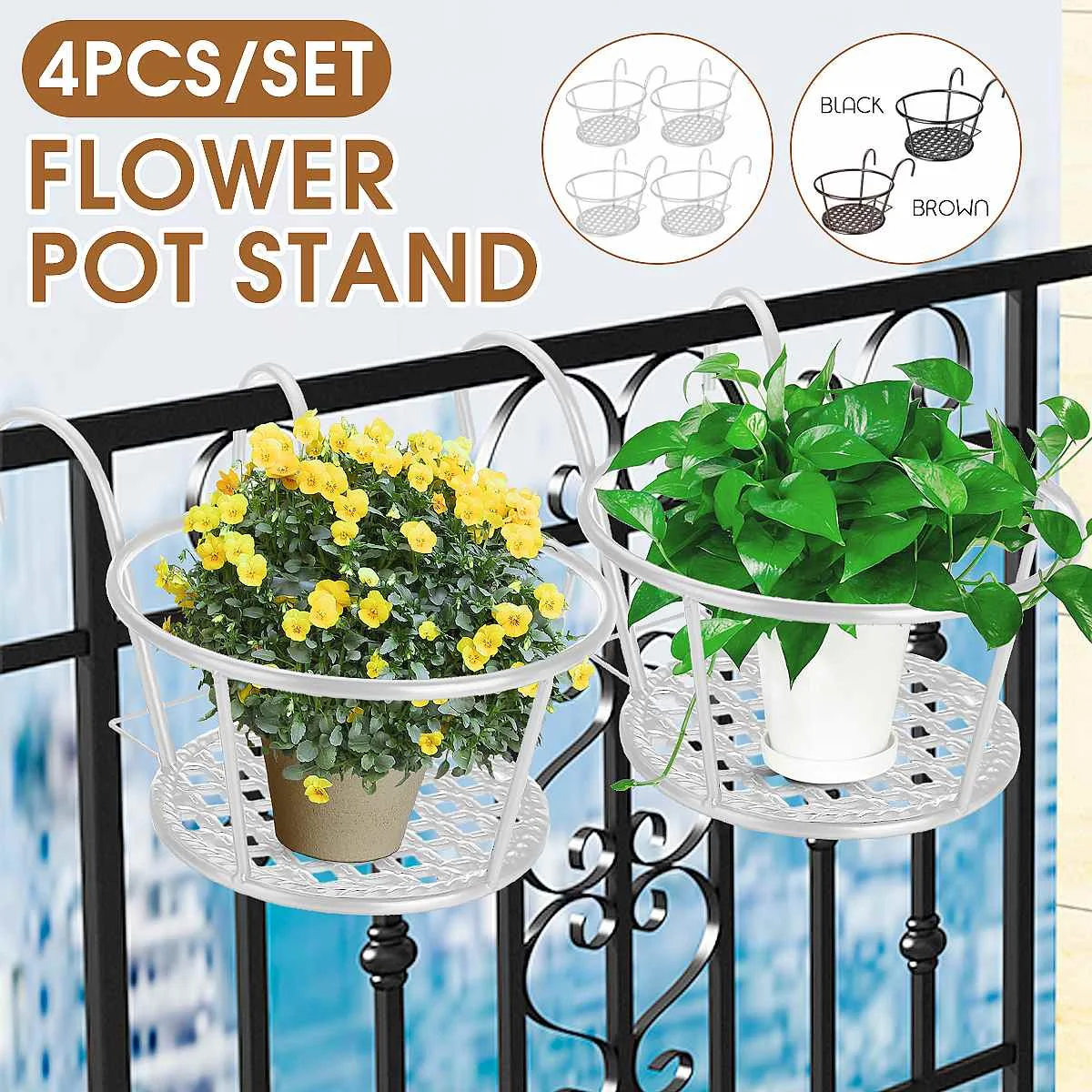 

4 Pcs Outdoor Hanging Basket Plant Iron Racks Fence Balcony Round Flower Pot Decoration Garden Supplies 5Styles Window Bonsai