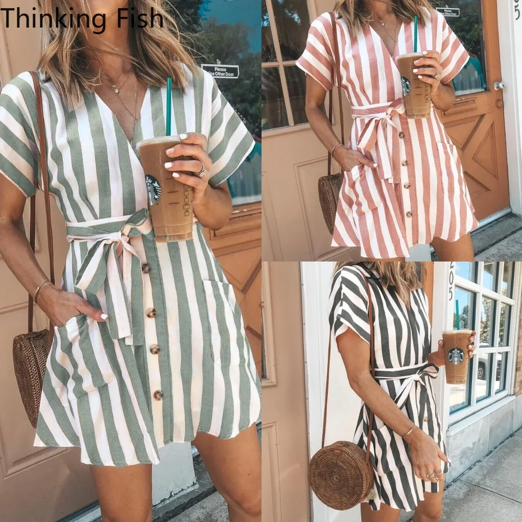 

Summer wear striped v-neck dress sexy clothes printing Vestidos female leisure mini bind pocket dress with short sleeves