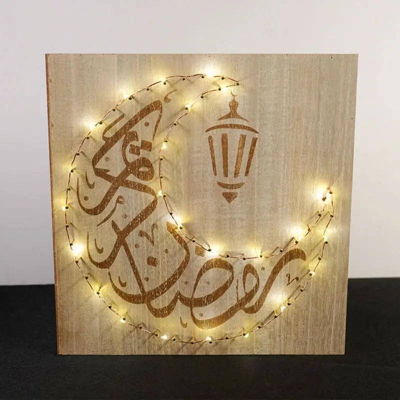 

DIY Wood Eid Mubarak Moon LED Light String Wooden Plaque Hanging Pendant Ramadan Handicraft Wall Decoration for Home