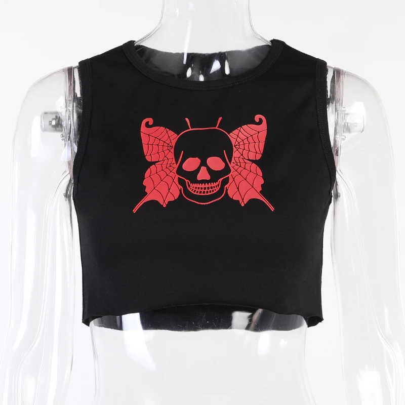 

LVINMW O Neck Sleeveless Casual Basic Skull Print Tank Patchwork Slim Personalized Butterfly Top Navel Gothic Aesthetic Tops