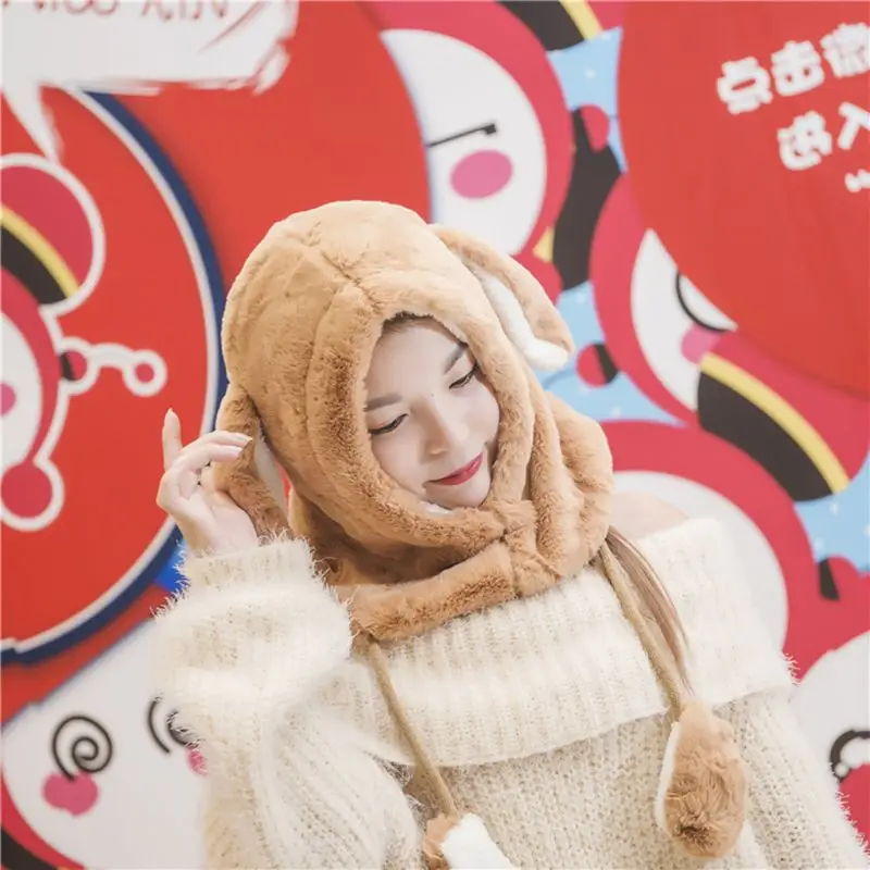 

Women Girl Cute Jumping Bunny Ears Full Cover Earflap Hat Thicken Plush Moving Airbag Toy Winter Warm Hood Balaclava Cap H9ED