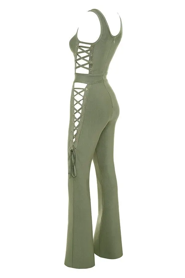 

2021 New Spring Women Jumpsuits Sexy Boot Cut Lace Up Bandage Jumpsuit Celebrity Party Green Jumpsuit Wholesale Vestidos