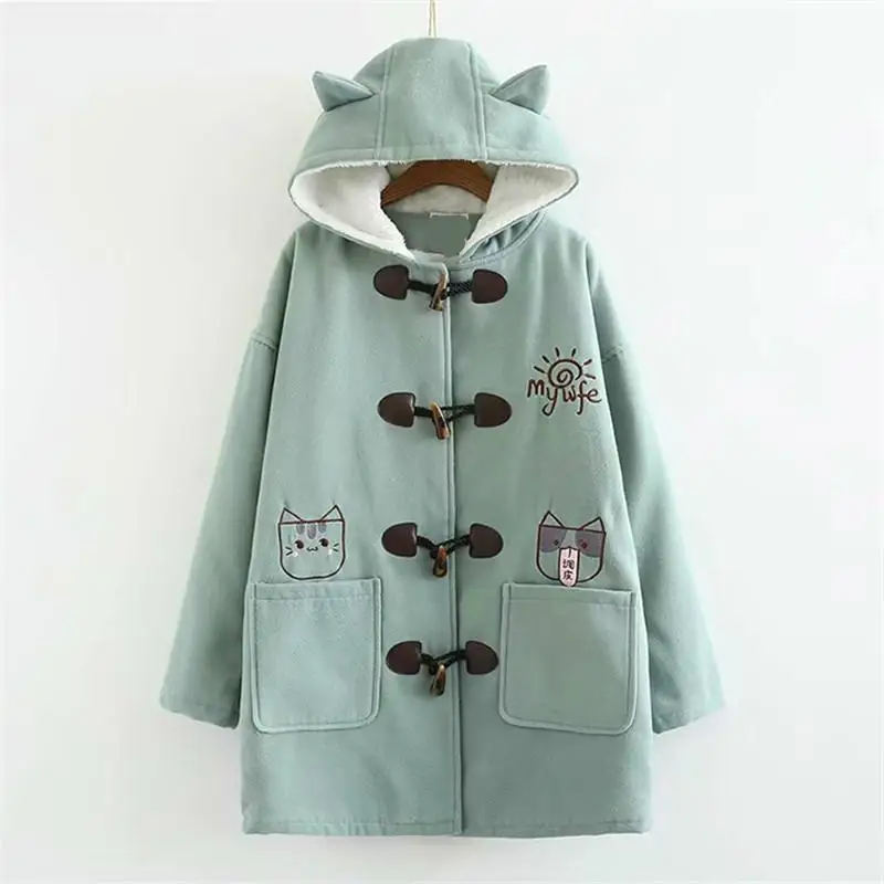 Теплая зимняя куртка с капюшоном в японском стиле Kawaii для девочек длинное шерстяное пальто с вышитыми карманами и пряжкой в виде кошки плотная Шерстяная Одежда Mori Girl - Цвет: Зеленый