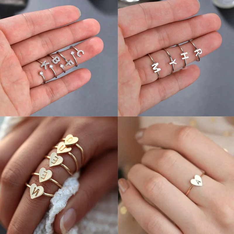 

Cute 26 Letters Rings For Women Adjustable Stainless Steel Ring Alphabet Letter Initial Tiny Heart Rings Finger Accessories Anel