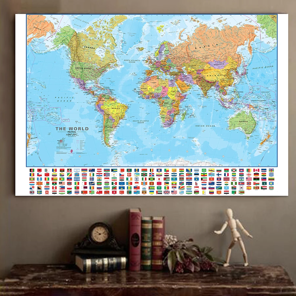 

140*100cm The World Political Map with National Flags Large Non-woven Canvas Painting Wall Art Poster Home Decor School Supplies