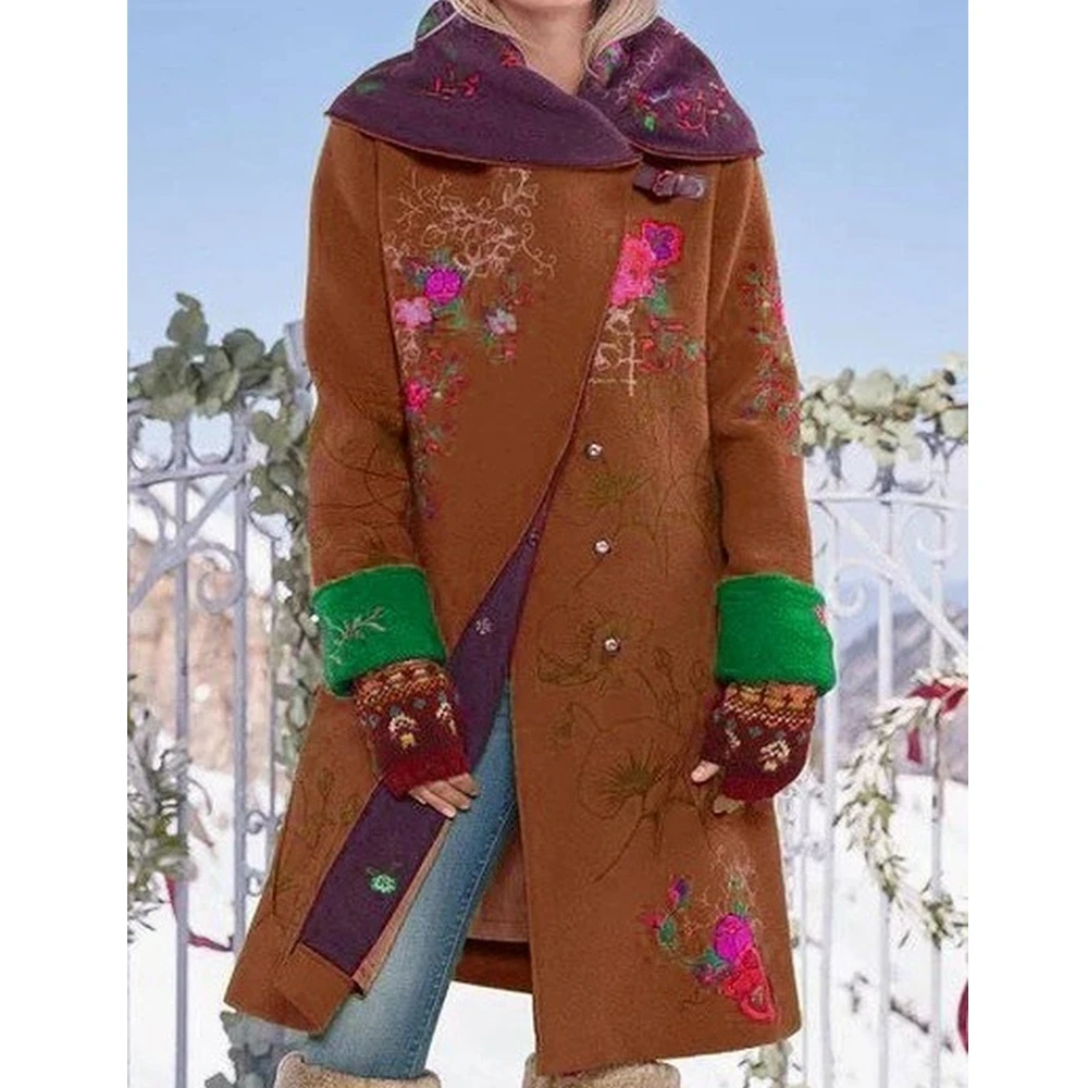 

Женское зимнее однобортное пальто с принтом, длинным рукавом и отложным воротником