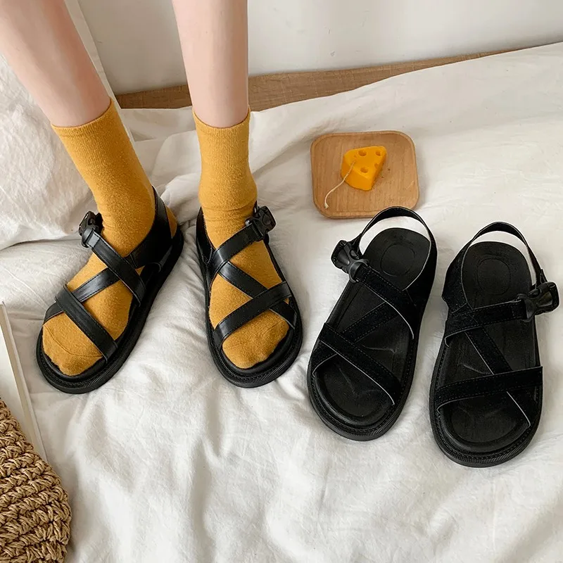 

Female Sandal Black Shoes for Women Strappy Heels 2021 Summer Girls Beige Low Flat Clear Fashion Comfort New PU Casual Rubber S