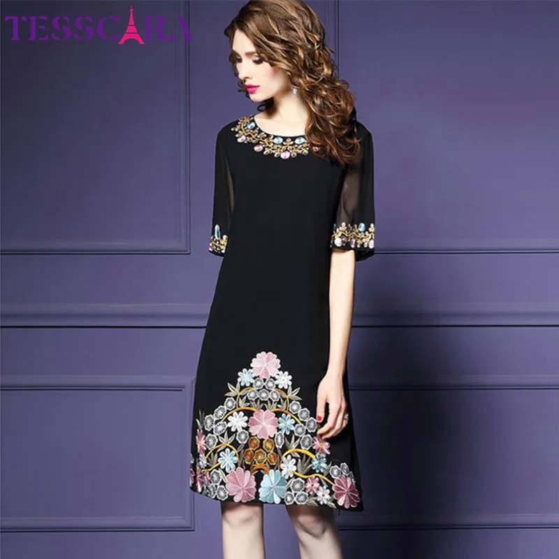 Женское платье с вышивкой TESSCARA Элегантное коктейльное в стиле ретро офисный