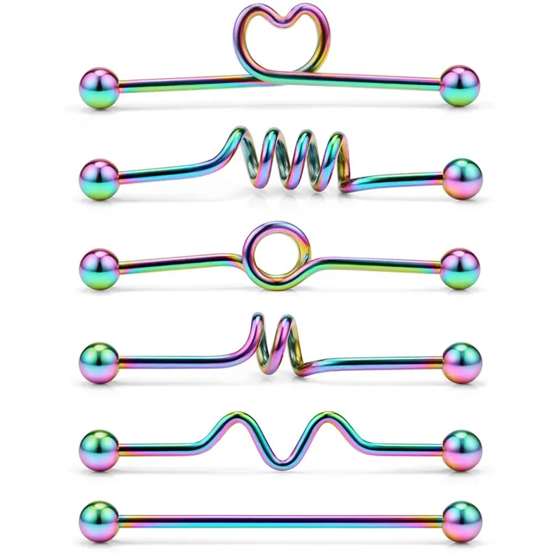

6PCS Industrial Barbell Earring Stainless Steel 14 Gauge Cartilage Earring Body Piercing Straight,Coil,Wave,Twister,Spiral,Heart