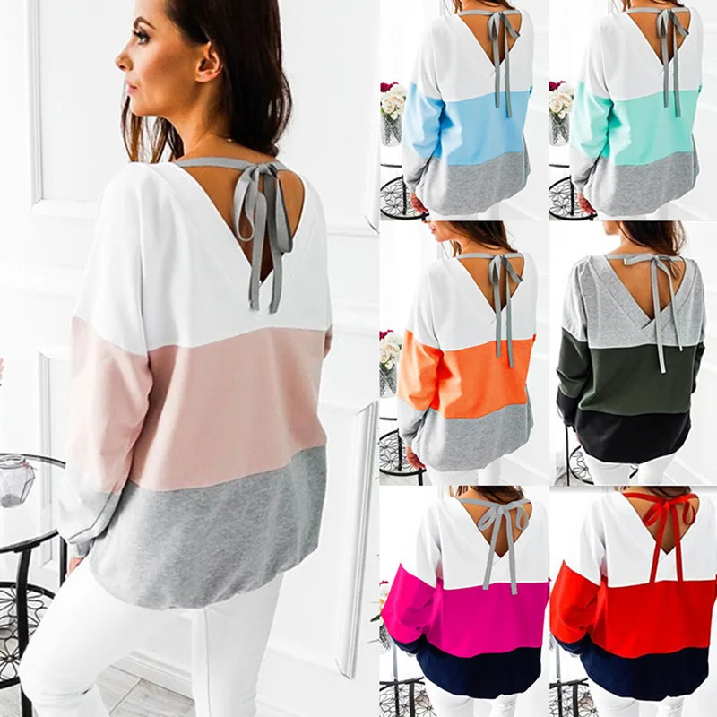 Осенние модные женские толстовки повседневные Лоскутные пуловеры с длинным