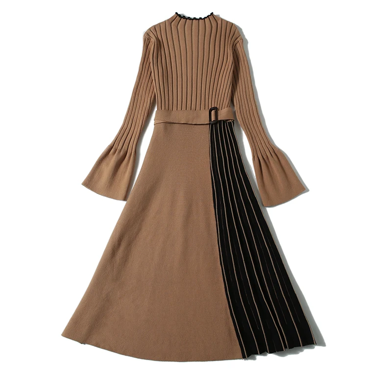 

2020 Knit Pleated Midi Dress Women O Neck Long Sleeve Sashes Elegant Bodycon Dress Female Autumn Winter Sweater Dress