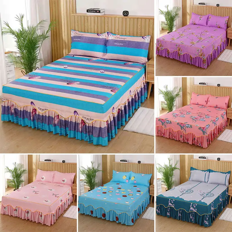 

Brushed Bed Skirt Set Printed Bed Skirt Comfortable Textured Bedding Soft Machine Washable Bed Covers Give A Pair Of Pillowcases